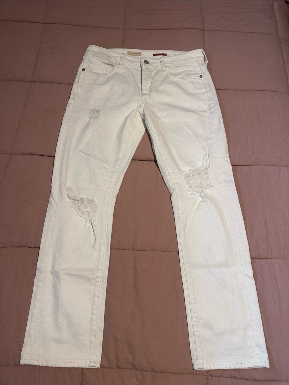 Anthropologie Pilcro White Distressed Straight-Leg Jeans Size 29